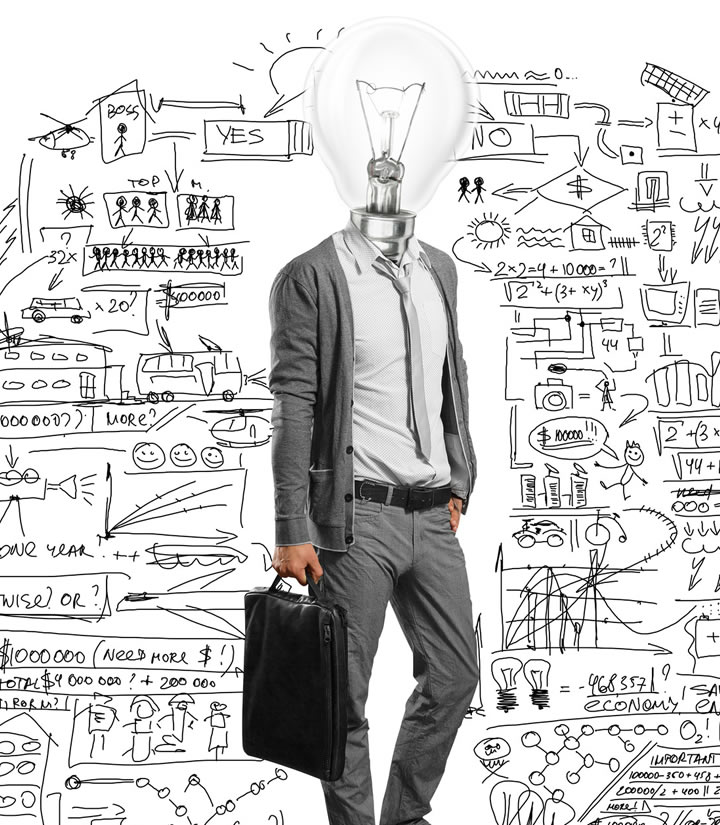 Person with light bulb instead of head amongst squiggly drawings